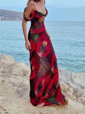 Women´s Print Mesh Long Dress Off