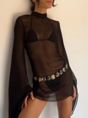 Women Cover-up Dress Flare Sleeve Turtleneck